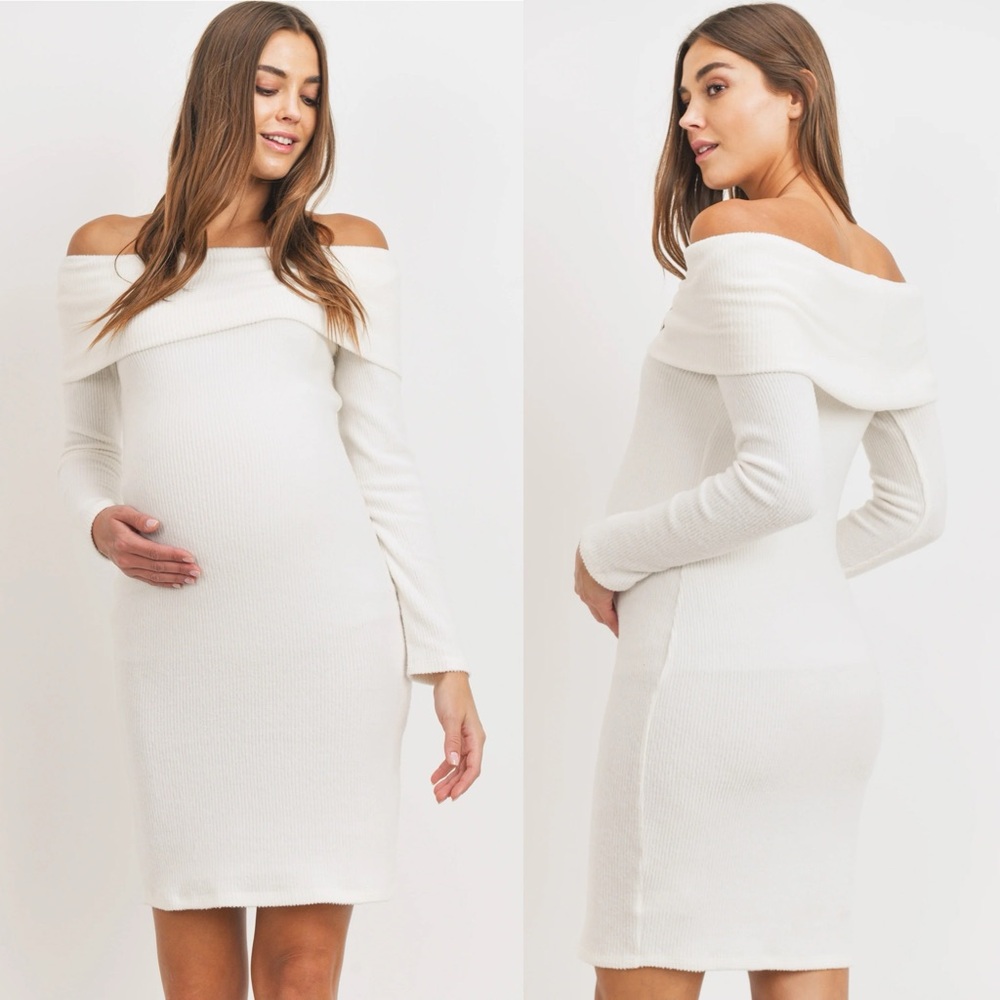 Pinkblush Off White Cream Ribbed Off-Shoulder Long Sleeve Maternity Mini Dress - Picture 10 of 10